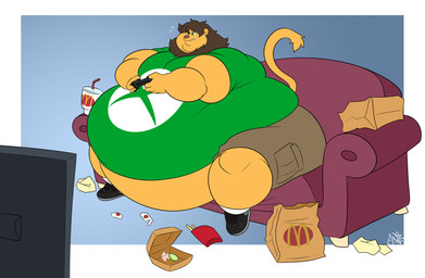 anthro belly belly_overhang big_belly big_butt bodily_fluids brown_hair butt chubby_cheeks clenched_teeth clothed clothing controller double_chin electronics exposed_belly fat_arms flying_sweatdrops food fries fur furniture game_controller gaming hair holding_controller holding_game_controller holding_object huge_belly huge_butt love_handles male mane moobs morbidly_obese morbidly_obese_anthro morbidly_obese_male obese obese_anthro obese_male on_sofa overweight overweight_anthro overweight_male paper_bag pickle_(food) playing_video_game sitting sitting_on_sofa sofa solo sweat sweatdrop tan_body tan_fur teeth television thick_thighs wide_hips jangleforks mcdonald's microsoft xbox xbox_game_studios felid lion mammal pantherine absurd_res hi_res signature