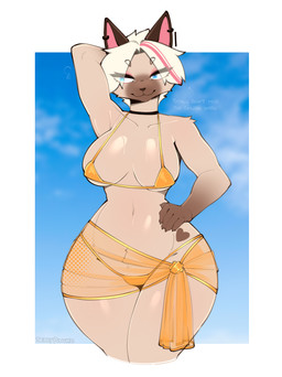 5_fingers anthro belly_tuft big_breasts bikini black_choker black_jewelry black_necklace black_nose blue_eyes border breasts brown_body brown_claws brown_fur choker claws clothing curvy_figure ear_piercing ear_ring female finger_claws fingers front_view fur gold_bikini grey_body grey_fur hair hand_behind_head heart_(marking) hourglass_figure jewelry markings micro_bikini necklace nipple_outline orange_bikini orange_bikini_bottom orange_bikini_top orange_clothing orange_swimwear piercing pink_hair pink_inner_ear pupils ring_piercing smile solo swimwear thick_thighs tuft two-piece_swimsuit white_border white_hair wide_hips berrypunchz golden_week nea_(berrypunchz) domestic_cat felid feline felis mammal absurd_res hi_res