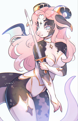 5_fingers anthro black_body blue_eyes blush breasts clothing ear_piercing eyebrows eyelashes female fingers hair holding_melee_weapon holding_object holding_sword holding_weapon horn legwear leotard long_hair looking_at_viewer medium_breasts melee_weapon membrane_(anatomy) membranous_wings piercing pink_eyebrows pink_eyelashes pink_hair simple_background solo stockings sword tail thick_thighs weapon white_background white_body white_clothing white_legwear white_leotard white_stockings wings cepto_(artist) mythology dragon mythological_creature mythological_scalie scalie 2024 colored digital_drawing_(artwork) digital_media_(artwork) hi_res shaded
