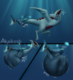 ambiguous_gender belly big_belly blue_background blue_body blue_fin blue_light blue_tail bubble duo feet_first feral feral_pred feral_prey fish_tail green_eyes huge_belly large_prey oral_vore red_belly simple_background size_difference smaller_pred swalloing tail tail_first text underwater vore water white_arms white_body white_legs white_tail white_wings wings akaikosh nintendo pokemon generation_2_pokemon lanturn legendary_pokemon lugia pokemon_(species) 2024 comic english_text watermark