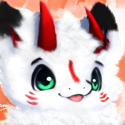 ambiguous_gender black_body black_fur chibi fangs fur green_eyes horn looking_at_viewer open_mouth simple_background smile solo teeth tongue white_body white_fur snoiifoxxo mythology dragon mythological_creature mythological_scalie scalie 1:1 headshot_portrait hi_res icon portrait