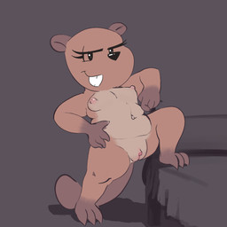 3_toes 4_fingers anthro areola black_nose breasts buckteeth clitoris eyelashes feet female fingers genitals gloves_(marking) half-closed_eyes leg_markings markings narrowed_eyes navel nipples raised_leg slightly_chubby slightly_chubby_anthro slightly_chubby_female socks_(marking) step_pose tail teeth toes vulva unknown_artist beaver mammal rodent 1:1 hi_res