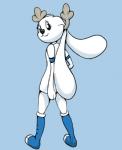 ambiguous_gender anthro antlers blue_sclera boots clothing footwear fur fusion hexafusion horn looking_back shirt shoes simple_background solo topwear white_body white_fur thunderouserections hybrid jackalope lagomorph mammal