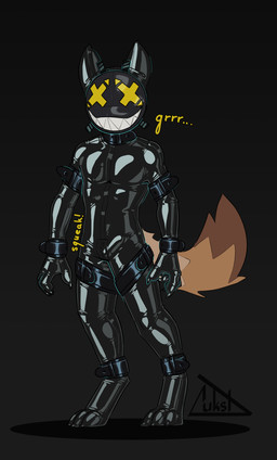 ankle_cuffs anthro black_clothing black_latex black_skinsuit brown_body brown_fur bulge clothing cuff_(restraint) detailed_bulge drone feet fur genital_outline latex latex_clothing latex_skinsuit looking_at_viewer male mask mind_control onomatopoeia penis_outline restraints simple_background skinsuit solo sound_effects standing tail text tight_clothing wearing_mask wrist_cuffs x_eyes lukst karr_(lukst) canid canine canis domestic_dog mammal absurd_res english_text full-length_portrait hi_res portrait