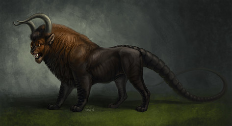 black_lips brown_body brown_fur curved_horn feral fur horn lips solo standing teeth anisis chimera hybrid 2015 digital_media_(artwork)