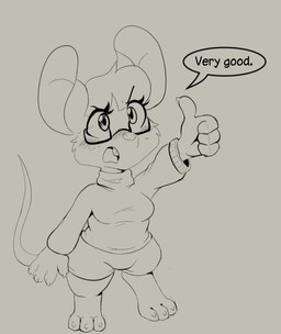 3_toes 4_fingers anthro blush blush_lines bottomwear buckteeth claws clothed clothed_anthro clothed_female clothing dialogue eyebrows eyelashes eyewear feet female finger_claws fingers flustered freckled_face freckles fully_clothed fully_clothed_anthro fully_clothed_female gesture glasses hand_gesture looking_up looking_up_at_another looking_up_at_partner raised_eyebrow shorts solo speech_bubble sweater teeth text thumbs_up toe_claws toes topwear wearing_glasses muhny edie_(muhny) mammal mouse murid murine rodent english_text sketch