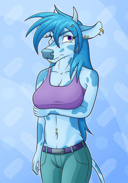 5_fingers angry anthro arm_under_breasts blue_background blue_body blue_eyebrows blue_fur blue_hair blue_nose bottomwear breasts cleavage clothed clothing cross-popping_vein ear_piercing eyebrows facial_piercing female fingers fur grey_horn hair horn lip_piercing looking_at_viewer navel navel_piercing pants piercing purple_eyes shirt simple_background solo spots standing tail topwear s7v8 bovid bovine mammal hi_res shaded