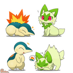 :3 ambiguous_gender blush cheek_tuft directional_arrow duo exclamation_point eyes_closed facial_tuft feral fire fur green_body green_fur green_tail kemono multicolored_body multicolored_fur open_mouth open_smile red_eyes short_tail simple_background sitting smile sparkles speech_bubble standing tail tan_body tan_fur teal_body teal_fur tuft two_tone_body two_tone_fur white_background tontaro nintendo pokemon cyndaquil generation_2_pokemon generation_9_pokemon mammal pokemon_(species) sprigatito 1:1 2024 2d_animation animated frame_by_frame signature watermark
