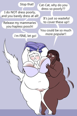 3_toes anthro areola belly belly_squish big_areola big_breasts blush bra breast_fondling breast_play breast_squish breasts brown_body brown_fur clothing dialogue duo embarrassed feet female female/female fondling fur genitals hand_on_breast huge_areola huge_breasts navel obese obese_anthro obese_female overweight overweight_anthro overweight_female squish tail tail_motion tailwag text thick_thighs toes underwear vulva white_body white_fur oxkingky catherine_(oxkingky) dorothy_b_hound canid canine canis domestic_cat domestic_dog felid feline felis mammal 2026 english_text hi_res