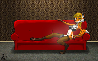 anthro blonde_hair blue_eyes bra cigarette clothed clothing dipstick_tail female hair inside legwear lounging markings smoking solo stockings tail tail_markings underwear year arnius canid canine fox mammal 16:10 2011 digital_media_(artwork) shaded widescreen