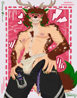 anthro antlers armpit_hair belt belt_buckle blush body_hair bottomwear bottomwear_down brown_body brown_hair buckle chest_tuft clothed clothing dirty_jockstrap eyewear facewear fur green_body green_fur hair heart_symbol horn jockstrap jockstrap_bulge looking_at_viewer male multicolored_body multicolored_fur musk navel nipples open_bottomwear open_clothing open_pants pants pants_down partially_clothed pink_background pube_peek pubes pubes_exposed showing_teeth simple_background smile solo spots sunglasses tail tuft underwear taesponja canid canine canis deer hybrid mammal absurd_res digital_drawing_(artwork) digital_media_(artwork) hi_res shaded
