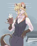 anthro biped blue_eyes bottomwear clothed clothing container cup cute_fangs fangs female fur hair holding_container holding_cup holding_mug holding_object looking_away mug shirt skirt solo teeth text topwear vest skitalets kori_genetta genet mammal viverrid english_text hi_res