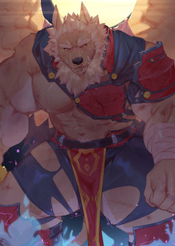 abs anthro biceps biped black_nose male muscular muscular_anthro muscular_male muscular_thighs pecs tongue tongue_out triceps ninaashi lifewonders tokyo_afterschool_summoners marchosias_(tas) angel canid canine canis fallen_angel mammal wolf absurd_res hi_res