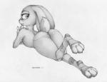 2016 anthro big_ears biped boots butt claws clothed clothing disney ecmajor eyebrows eyelashes female flat_chested footwear fur greyscale judy_hopps knee_pads lagomorph leporid looking_at_viewer looking_back lying mammal monochrome presenting presenting_hindquarters rabbit simple_background smile solo topless traditional_media_(artwork) zootopia