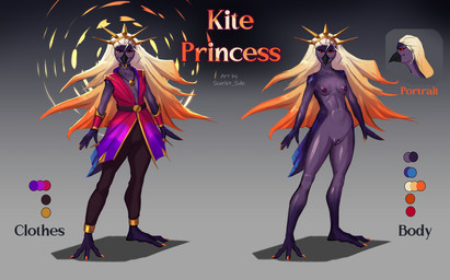 anthro beak black_eyes blonde_hair breasts claws clothed clothing crown dress female genitals hair headgear kite multicolored_hair nude red_sclera simple_background small_breasts solo tail vulva scarlet_side avian bird digital_media_(artwork) model_sheet