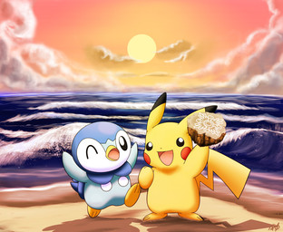 ambiguous_gender beach cloud detailed_background duo fur one_eye_closed outside sand sea seaside sky sunset tail water wink yellow_body yellow_fur pemyu nintendo pokemon pokemon_mystery_dungeon spike_chunsoft generation_1_pokemon generation_4_pokemon mammal pikachu piplup pokemon_(species) rodent