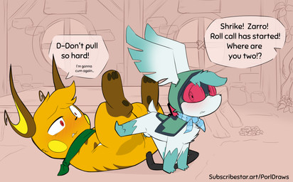 after_sex animal_genitalia animal_penis balls blush canine_genitalia canine_penis dialogue duo feral genitals knot knotted_penis knotting male male/male pawpads penis sheath speech_bubble text porldraws nintendo pokemon pokemon_mystery_dungeon spike_chunsoft generation_1_pokemon generation_4_pokemon legendary_pokemon pokemon_(species) raichu shaymin sky_forme_shaymin absurd_res hi_res