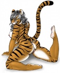 anthro anus breasts butt female genitals long_tail looking_at_viewer looking_back nipples nude pose pussy raised_tail solo stripes tail yellow_eyes chaotikat felid mammal pantherine tiger