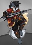 anthro armor black_hair bottomwear bracers cape chainsword clothed clothing fantasy_armor fantasy_clothing fantasy_sword fantasy_weapon fur greaves grey_body grey_fur hair heel_pad male orange_eyes padded_palms pawpads paws pink_pawpads plantigrade shirt shorts solo stripes topwear weapon starwolfskin zgf_art fire_emblem fire_emblem_engage nintendo zgf_gaming marth_(fire_emblem) razor_the_firedog canid canine elemental_creature firedog mammal absurd_res hi_res