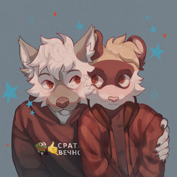 anthro black_clothing black_hoodie black_nose black_topwear brown_body brown_ears brown_fur checkered checkered_clothing checkered_shirt checkered_topwear cheek_tuft claws clothing dipstick_ears duo ear_markings emoji facial_markings facial_tuft fur grey_body grey_ears grey_fur hair head_markings holding_another hood hoodie inner_ear_fluff looking_at_another male male/male markings mask_(marking) multicolored_body multicolored_ears o_o pattern_clothing pattern_shirt pattern_topwear pink_nose shirt simple_background smile star tan_body tan_fur text topwear tuft two_tone_body shak3it0ff fenrir_the_ferret pepe verfolov_(ondatail) canid canine canis domestic_ferret mammal mustelid musteline true_musteline weasel wolf 1:1 2025 absurd_res digital_drawing_(artwork) digital_media_(artwork) half-length_portrait hi_res portrait russian_text