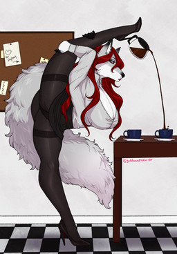 anthro beverage big_breasts bottomwear breasts cleavage clothed clothing coffee coffee_cup coffee_mug container contortionism cup female flexible footwear fur furniture hair high_heels legwear lipstick makeup mascara panties pantyhose red_hair saucer serving_beverage shirt shoes skirt solo table text tights topwear underwear white_body white_fur goddamnitrobin canid canine canis mammal wolf 2026 english_text hi_res signature