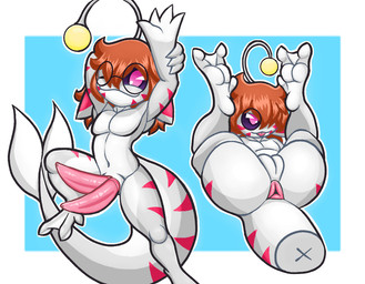 2_penises animal_genitalia animal_penis anthro anus big_penis big_tail brown_hair dark_eyes eyewear feet genitals gesture glasses grey_body hair hemipenes legs_up lure_(anatomy) male multi_genitalia multi_penis multicolored_body nude penis pupils slit_pupils smile solo tail tongue tongue_out waving white_body dusk_dome kai_(dusk_dome) aquatic fish