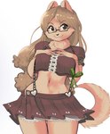 anthro bottomwear breasts canid canine canis clothed clothing domestic_dog eyewear female fur glasses hair hand_on_breast long_hair looking_at_viewer mammal nen nendoggo pomeranian simple_background skirt smile solo spitz topwear