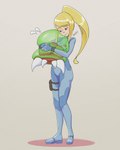 ambiguous_gender blonde_hair blue_eyes breasts clothing duo female hair hug light_body light_skin long_hair not_furry ponytail simple_background smile teeth zero_suit cephalort metroid nintendo samus_aran alien human mammal metroid_(species) 4:5 absurd_res hi_res signature