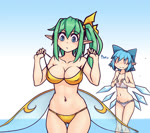 angry big_breasts blue_background blue_bow blue_eyes blue_hair bouncing_breasts breast_envy breasts camel_toe clothing dialogue duo female flat_chested gold_swimwear green_hair grey_clothing grey_swimwear hair humanoid_pointy_ears insect_wings jealous nipple_outline partially_submerged ponytail short_hair side_ponytail simple_background standing_in_water swimwear tan_body tan_skin text thick_thighs thigh_gap unusual_anatomy unusual_wings white_background wide_hips wings hater_(hatater) touhou cirno daiyousei fairy humanoid winged_humanoid animated no_sound short_playtime webm