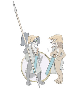 3_toes 4_fingers anthro armor black_body black_fur black_nipples black_nose brown_body brown_fur brown_hair clothed clothing countershade_face countershade_torso countershading duo feet female female/female fingers flat_chested fur green_eyes hair headgear helmet holding_object holding_weapon hoplite looking_at_another melee_weapon military nipples one_eye_closed open_mouth partially_clothed polearm ponytail scabbard shield simple_background smile soldier spear standing sword teeth toes toga warrior weapon white_background yellow_eyes young young_anthro young_female spinater blizzard_entertainment warcraft hilda_(warcraft) li_li_stormstout bear canid mammal pandaren werecanid werecreature worgen 2023 colored digital_drawing_(artwork) digital_media_(artwork) hi_res sketch