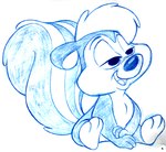 anthro biped bobguthrie fur looney_tunes male mammal mephitid monochrome nude pepe_le_pew sitting sketch skunk smile solo striped_skunk tail toddler traditional_media_(artwork) warner_brothers young
