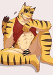 2024 5_toes abs anthro balls blep blue_eyes bottomless bottomless_anthro bottomless_male brown_body brown_fur brown_stripes censored censored_genitalia censored_penis clothed clothing countershade_face countershade_legs countershade_torso countershading dipstick_tail feet felid flaccid fur genitals hi_res humanoid_genitalia humanoid_penis male mammal markings morenatsu multicolored_body multicolored_fur navel one_eye_closed pantherine penis red_clothing red_shirt red_tank_top red_topwear ry_o shirt shirt_only simple_background solo striped_body striped_fur stripes tail tail_markings tan_balls tan_body tan_fur tan_penis tank_top tank_top_only tiger toes tongue tongue_out topwear topwear_only torahiko_(morenatsu) white_background yellow_body yellow_fur