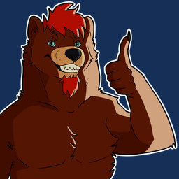 anthro bearded brown_body brown_fur chest_tuft front_view fur gesture grey_eyes hair hand_gesture happy male male_anthro mohawk red_hair solo sticker teeth_showing thumbs_up tuft hallamo-h bear brown_bear grizzly_bear mammal ursine 1:1 absurd_res alpha_channel hi_res