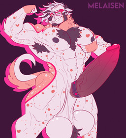 accessory anthro ball_tuft balls barazoku big_muscles big_penis body_hair brown_armpit_hair brown_nipples brown_penis chest_hair cock_ring eyewear eyewear_only flexing flexing_bicep floppy_ears folded_ears fur genitals glans glasses glasses_only grin huge_penis humanoid_genitalia humanoid_penis jewelry long_penis male male_anthro manly markings multicolored_body multicolored_fur muscular muscular_anthro muscular_male nipples nude orange_body orange_fur orange_spots orange_tail outline pec_squeeze penis penis_accessory penis_jewelry pink_glans pink_outline purple_background rectangular_glasses saggy_balls simple_background smile solo spots spotted_body spotted_fur tail tan_balls tan_body tan_fur tan_spots tan_tail tuft vein veiny_penis wearing_glasses melaisen canid canine canis domestic_dog mammal 2023 absurd_res digital_drawing_(artwork) digital_media_(artwork) english_description hi_res portrait three-quarter_portrait
