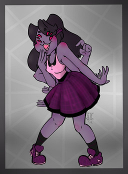 6_arms 6_eyes accessory alternative_fashion anthro black_hair blush border bottomwear clothing dress fangs female footwear gesture hair hair_accessory hand_gesture hand_on_face heart_symbol high_top_shoes j-fashion laugh multi_arm multi_eye multi_limb ojou_laugh open_mouth pattern_background pattern_clothing pink_clothing pink_dress pointing pose purple_bottomwear purple_clothing purple_skirt shoes simple_background skirt sneakers socks solo spider_web standing teeth doodlebunnyart animal_humanoid arachnid arachnid_humanoid arthropod arthropod_humanoid humanoid spider_humanoid