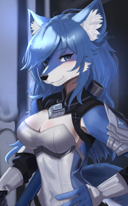 anthro armor blue_body blue_eyes blue_fur blue_hair breasts cleavage_cutout closed_smile clothed clothing countershading cutout female front_view fully_clothed fur hair inner_ear_fluff looking_at_viewer mouth_closed simple_background smile solo standing tuft kemo_yuki canid canine canis domestic_dog mammal absurd_res half-length_portrait hi_res portrait