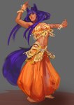 animal_ears animal_tail bangle belly belly_dance belly_dancer belly_dancer_outfit belly_dancing big_breasts breasts canine_ears canine_tail dancing dark_body dark_skin feet female gold_(metal) gold_jewelry hair jackal_ears jackal_tail jewelry middle_eastern_clothing organs purple_hair solo stomach yellow_eyes pinguinolog nour_anara animal_humanoid canid canine canis humanoid jackal mammal absurd_res hi_res