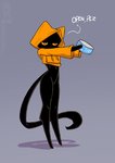 2021 ambiguous_gender anthro black_body black_fur bottomless can clothed clothing conditional_dnp container dialogue domestic_cat english_text felid feline felis fur grey_background hoodie jollyjack long_legs mammal orange_eyes simple_background solo text topwear tuna_(food)