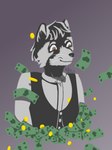 black_body brown_eyes clothed clothing coin collared_shirt fur gold_(metal) gold_coin hair male money short_hair simple_background smile smug solo topwear vest whiskers white_body white_fur nonameqwerasd humanoid mammal procyonid raccoon 2023 half-length_portrait hi_res portrait