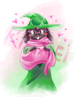 anthro black_body black_fur blush clothed clothing eyewear front_view fur glasses hat headgear headwear heart_symbol horn male scarf simple_background smile solo text tarami2002 deltarune undertale_(series) ralsei bovid caprine darkner goat mammal 2018 character_name digital_media_(artwork) hi_res