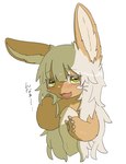 5_fingers ambiguous_gender anthro brown_body brown_fur fingers fur hair long_hair looking_away simple_background solo text touching_hair white_background white_body white_fur white_hair kawasemi27 made_in_abyss nanachi lagomorph leporid mammal narehate rabbit