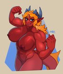 anthro big_breasts blue_eyes breasts female flexing flexing_bicep flexing_both_biceps hair horn muscular muscular_anthro muscular_female nude nude_female orange_hair pupils red_body red_scales scales slit_pupils smile solo tail thick_tail croxot mythology arklai_(croxot) dragon mythological_creature mythological_scalie scalie wingless_dragon hi_res