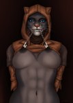 abs anthro areola armor black_body black_fur black_nipples blue_eyes breasts clothed clothing clothing_lift fangs female fur furgonomic_headwear furgonomics headgear hood leather leather_armor leather_headgear looking_at_viewer navel nipple_chain nipple_fetish nipple_play nipple_pull nipples shirt shirt_lift smile solo teeth topwear whiskers tvard microsoft the_elder_scrolls the_elder_scrolls_online khamira felid feline khajiit mammal absurd_res hi_res