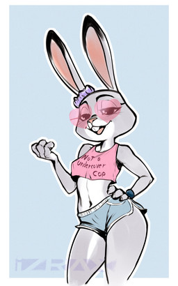 alternate_costume anthro anthrofied black_body black_fur border bottomwear bracelet breasts buckteeth clothed clothed_anthro clothed_female clothing cocked_hip countershade_face countershade_torso countershading crop_top dipstick_ears dishonesty dolphin_shorts ear_markings eyebrows eyewear female female_anthro fingers fully_clothed fully_clothed_anthro fully_clothed_female fur glasses grey_body grey_fur half-closed_eyes hand_on_hip hand_on_own_hip heart_sunglasses hotpants jewelry logo long_ears midriff multicolored_ears narrowed_eyes navel open_mouth open_smile outline outside_border philtrum pupils redesign scrunchie shirt shorts smile snout solo standing teeth text text_on_clothing text_on_topwear thick_thighs tongue topwear white_body white_border white_fur white_outline izra disney zootopia judy_hopps european_rabbit lagomorph leporid mammal oryctolagus rabbit 2025 artist_logo english_text hi_res portrait three-quarter_portrait watermark
