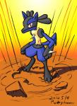 anthro black_body black_fur blue_body blue_fur fur looking_at_viewer male red_eyes solo tail yellow_body yellow_fur punkydreamer nintendo pokemon canid canine generation_4_pokemon lucario mammal pokemon_(species) absurd_res hi_res