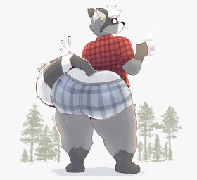 anthro barefoot beverage big_butt bottom_heavy boxers_(clothing) butt butt_cleavage butt_focus clothed clothing container cup ear_piercing evergreen_tree facial_markings feet flannel fur gloves_(marking) grey_body grey_fur hair head_markings holding_beverage holding_container holding_cup holding_mug holding_object huge_butt leg_markings looking_back male markings mask_(marking) mug overweight overweight_anthro overweight_male pattern_clothing pattern_shirt pattern_topwear pattern_underwear piercing pine_tree plaid plaid_boxers plaid_clothing plaid_shirt plaid_topwear plaid_underwear plant rear_view ring_(marking) ringed_tail shirt simple_background socks_(marking) solo standing steam striped_markings striped_tail stripes tail tail_aside tail_markings thick_thighs topwear tree underwear whiskers white_background white_hair thedarkfody zeke_(wonderpuff) mammal procyonid raccoon 2026 alternate_version_at_source digital_drawing_(artwork) digital_media_(artwork) full-length_portrait hi_res portrait signature