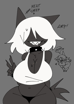 5_fingers anthro bear_trap_teeth black_clothing black_thong black_underwear bodily_fluids bracelet breasts cleavage clothed clothed_anthro clothed_female clothing collar crop_top curvy_figure directional_arrow drooling eyeless female female_anthro fingers front_view gesture grey_tail hair hair_over_eyes hand_gesture heart_symbol in_heat jewelry navel saliva sharp_teeth shirt sleeveless_shirt smile solo speech_bubble spiked_collar spikes sweat tail teeth text thong topwear underwear v_sign white_clothing white_crop_top white_hair white_shirt white_topwear wide_hipped_anthro wide_hipped_female wide_hips xarop77 sheep_(xarop77) canid canine canis mammal wolf 2025 digital_drawing_(artwork) digital_media_(artwork) english_text hi_res portrait three-quarter_portrait