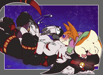 anthro anus backsack balls blush bodily_fluids cum duo genital_fluids genitals head_wings irrumatio larger_sub male male/male oral orgasm penile penis penis_in_mouth sex size_difference submissive throat_swabbing unusual_wing_placement wings benji_(artist) bandai_namco digimon digimon_(species) growlmon patamon hi_res