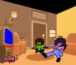 ambiguous_gender anthro controller duo electronics female living_room parody remote_control sitting sitting_on_ground style_emulation television ditchu deltarune neon_genesis_evangelion undertale_(series) kris_(deltarune) susie_(deltarune) dinosaur human mammal prehistoric_species reptile scalie 2023 animated digital_media_(artwork) hi_res pixel_(artwork) pixel_animation short_playtime