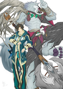4_toes anthro biped duo feet fur grey_body grey_fur mace male melee_weapon pawpads sword toes weapon xiliu95983 sdorica law_(sdorica) canid canine canis human mammal wolf colored hi_res signature
